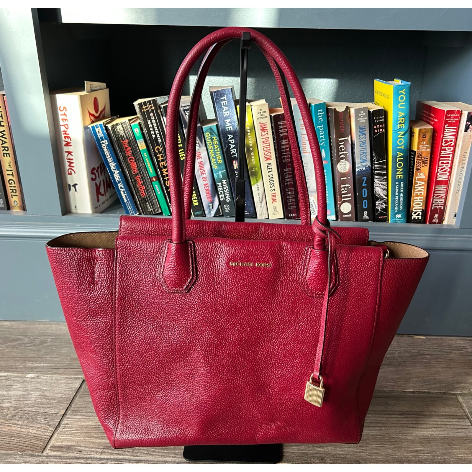 Michael Kors Mercer Large Tote Berry Red Pebbled Leather Gold Hardware Handbag